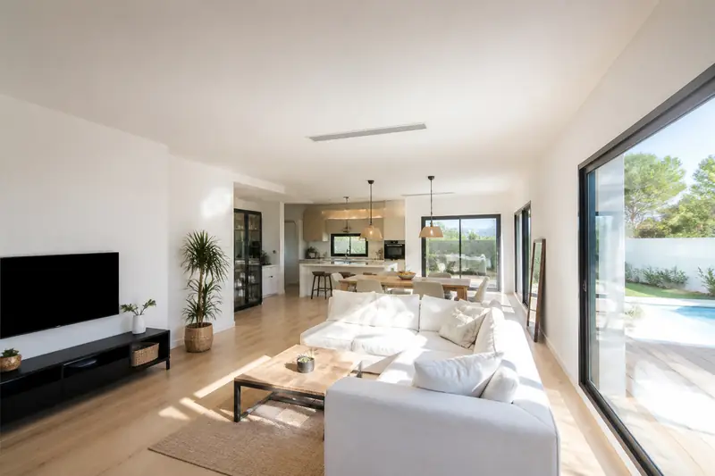 Placard technique ouvert abritant une unité de climatisation gainable dans une maison