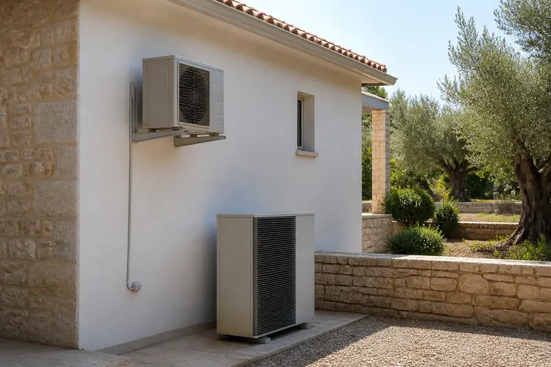 Maison de plain-pied avec une unité extérieure de climatisation posée contre le mur de la terrasse