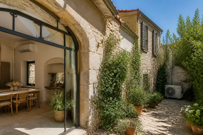 Cour de maison de village avec une unité extérieure de climatisation fixée sur un mur crépi